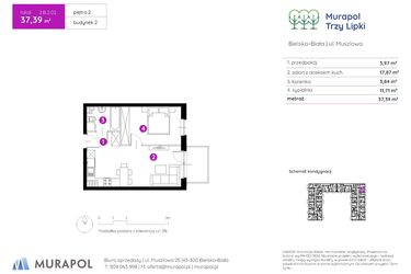 Rzut - Mieszkanie na sprzedaż 2 pokoje o powierzchni 37,39 m² - numer 2.B.2.02 w Murapol Trzy Lipki etap II