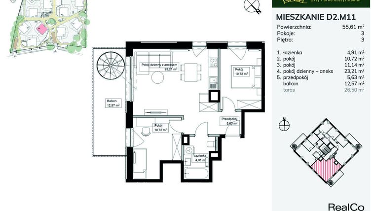 Rzut - Mieszkanie na sprzedaż 3 pokoje o powierzchni 55,61 m² - numer D2.M11 w Apartamenty przy Parku Szczytnickim