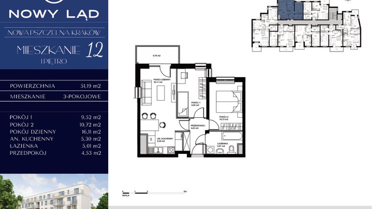 Rzut - Mieszkanie na sprzedaż 3 pokoje o powierzchni 51,19 m² - numer 12 w Nowa Pszczelna