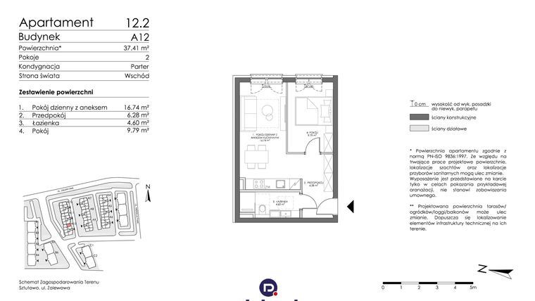 Rzut - Mieszkanie na sprzedaż 2 pokoje o powierzchni 36,9 m² - numer 12.2 w Trimare