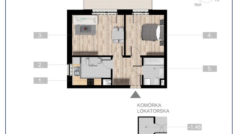 Rzut - Mieszkanie na sprzedaż 2 pokoje o powierzchni 47,84 m² - numer 8 w Szczytno Dąbrowskiego - etap 3