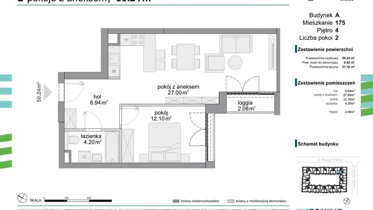 Rzut - Mieszkanie na sprzedaż 2 pokoje o powierzchni 50,24 m² - numer 175 w Osiedle Fokus Ursus