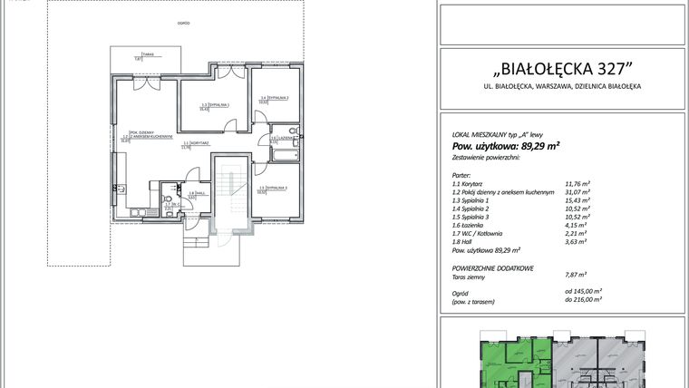 Rzut - Mieszkanie na sprzedaż 4 pokoje o powierzchni 89,29 m² - numer 8A w Białołęcka 327