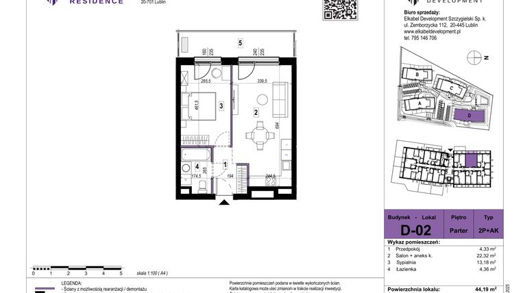 Rzut - Mieszkanie na sprzedaż 2 pokoje o powierzchni 44,19 m² - numer D-02 w Szerokie Residence