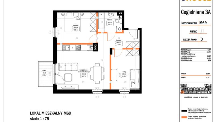 Rzut - Mieszkanie na sprzedaż 3 pokoje o powierzchni 61,17 m² - numer 69 w Osiedle StaLove etap II