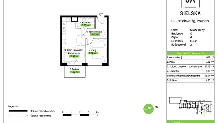 Rzut - Mieszkanie na sprzedaż 2 pokoje o powierzchni 36,94 m² - numer C.5.29 w JA_SIELSKA V