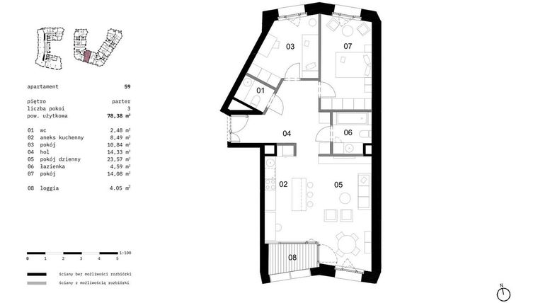 Rzut - Mieszkanie na sprzedaż 3 pokoje o powierzchni 80 m² - numer 59 w Solna 6