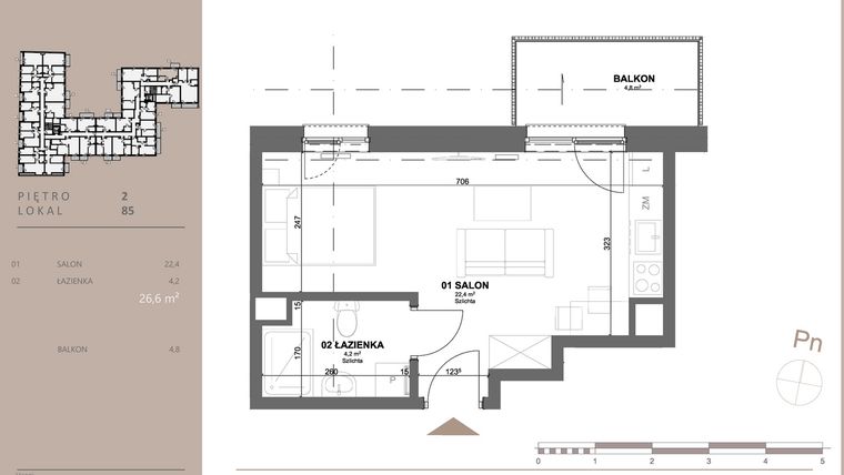 Rzut - Mieszkanie na sprzedaż 1 pokój o powierzchni 26,71 m² - numer 85 w BETWEEN