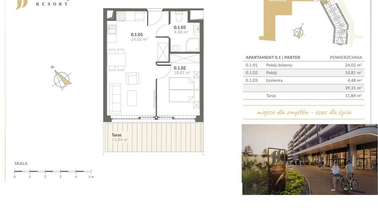 Rzut - Mieszkanie na sprzedaż 2 pokoje o powierzchni 39,31 m² - numer 0.01 w Harmony Resort