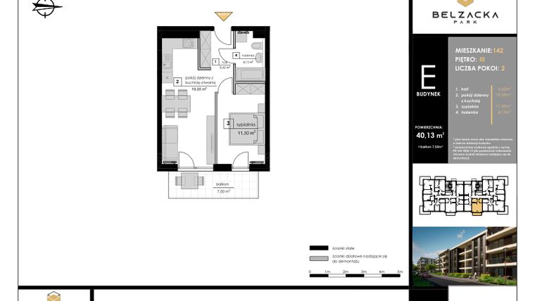 Rzut - Mieszkanie na sprzedaż 2 pokoje o powierzchni 40,13 m² - numer E.142 w Belzacka Park etap III