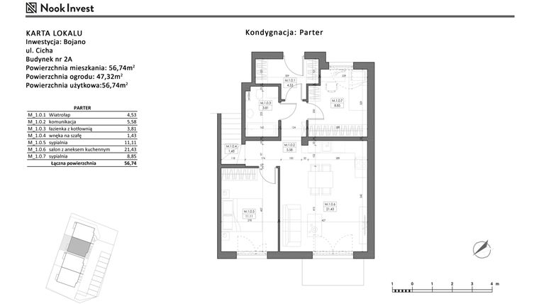 Rzut - Mieszkanie na sprzedaż 3 pokoje o powierzchni 56,74 m² - numer 2A w Bojano, ul. Cicha