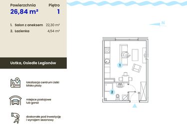 Rzut - Mieszkanie na sprzedaż 1 pokój o powierzchni 26,84 m² - numer 1.11 w Ustka Flow