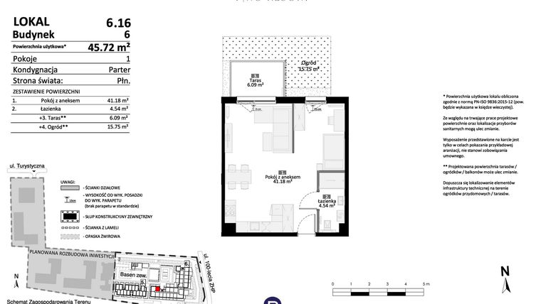 Rzut - Mieszkanie na sprzedaż 2 pokoje o powierzchni 45,72 m² - numer 6.16 w Pino Resort