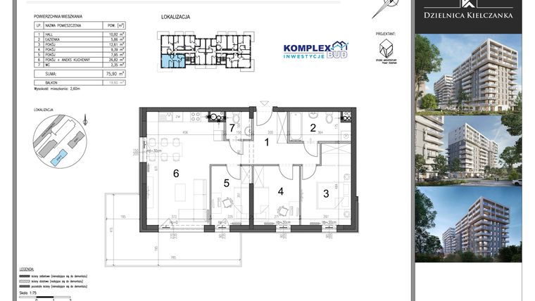 Rzut - Mieszkanie na sprzedaż 4 pokoje o powierzchni 75,9 m² - numer 16 w Dzielnica Kielczanka etap II