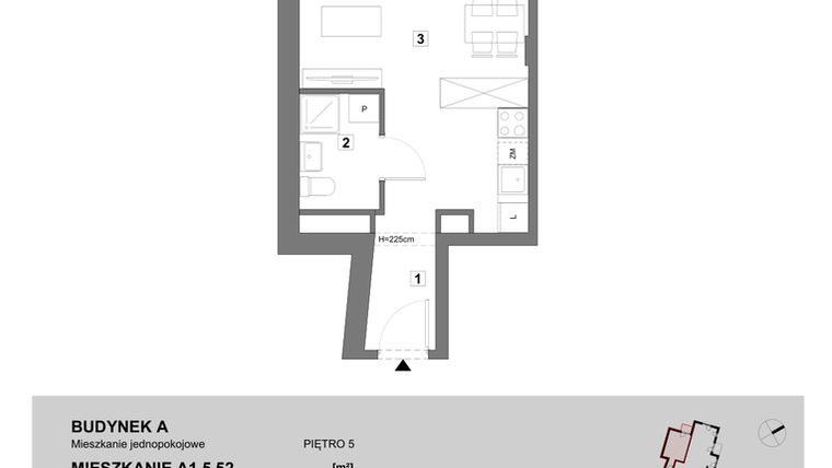 Rzut - Mieszkanie na sprzedaż 1 pokój o powierzchni 28 m² - numer A1.5.52 w ATAL Grabiszyn