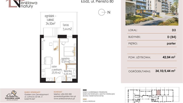 Rzut - Mieszkanie na sprzedaż 2 pokoje o powierzchni 42,04 m² - numer D3 w Enklawa Natury