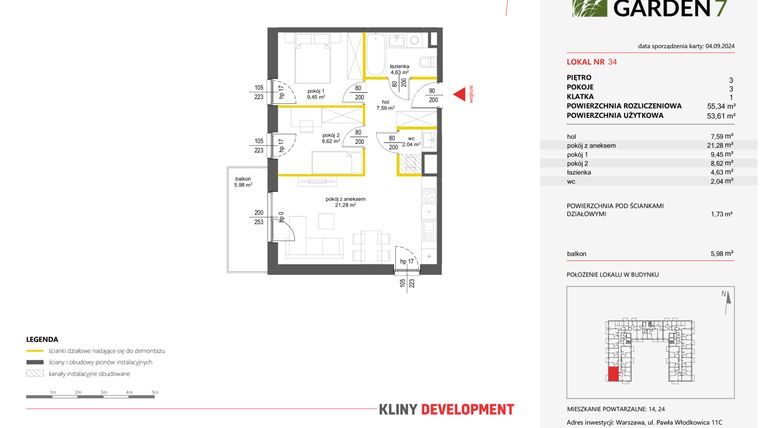 Rzut - Mieszkanie na sprzedaż 3 pokoje o powierzchni 53,61 m² - numer 34 w Nova Viva Garden 7