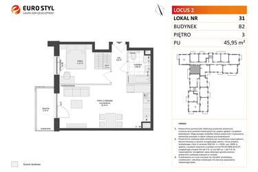 Rzut - Mieszkanie na sprzedaż 2 pokoje o powierzchni 45,95 m² - numer 31 w Locus 2 bud. B2