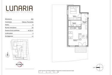 Rzut - Mieszkanie na sprzedaż 2 pokoje o powierzchni 47,25 m² - numer A03 w Lunaria