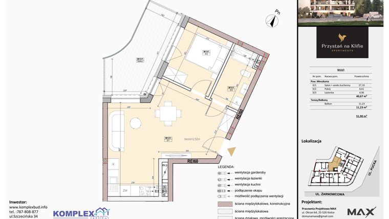 Rzut - Mieszkanie na sprzedaż 2 pokoje o powierzchni 40,67 m² - numer M13 w Przystań na Klifie