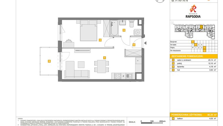 Rzut - Mieszkanie na sprzedaż 2 pokoje o powierzchni 40,35 m² - numer A.62 w Osiedle Rapsodia