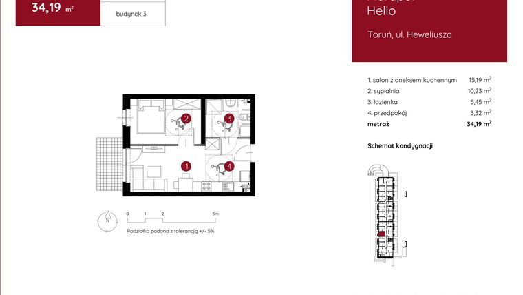 Rzut - Mieszkanie na sprzedaż 2 pokoje o powierzchni 34,32 m² - numer 3.A.0.06 w Murapol Helio