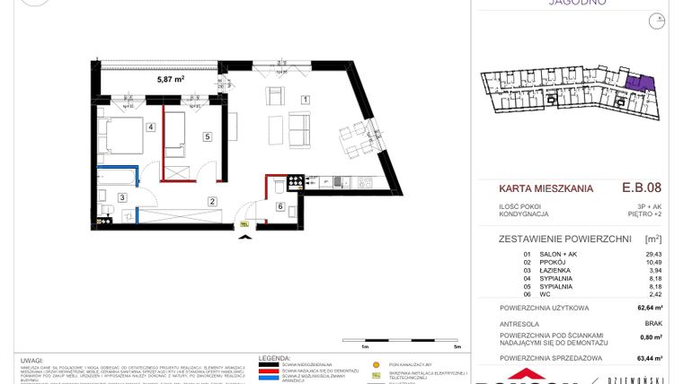 Rzut - Mieszkanie na sprzedaż 3 pokoje o powierzchni 62,69 m² - numer EB_08 w Viva Jagodno etap III