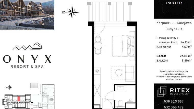 Rzut - Mieszkanie na sprzedaż 1 pokój o powierzchni 27,66 m² - numer 00.A14 w Onyx Resort & Spa