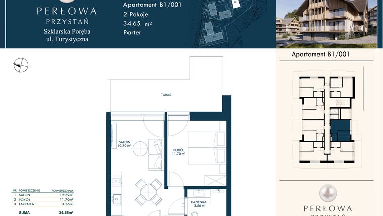 Rzut - Mieszkanie na sprzedaż 2 pokoje o powierzchni 34,65 m² - numer B1/001 w Perłowa Przystań - Szklarska Poręba