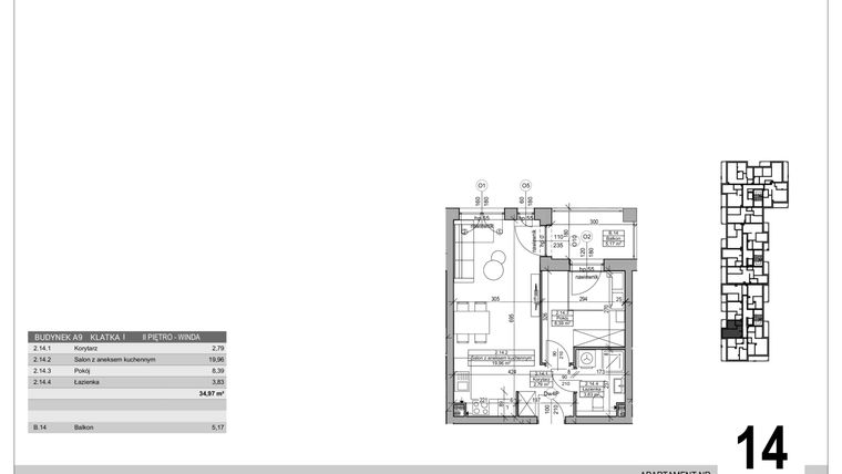 Rzut - Mieszkanie na sprzedaż 2 pokoje o powierzchni 34,97 m² - numer A.9.M.14 w Sobola Biel A9