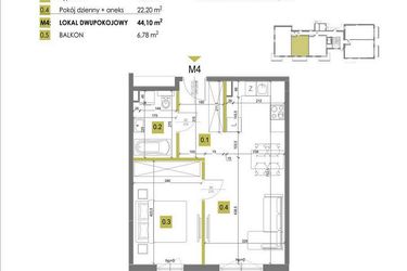 Rzut - Mieszkanie na sprzedaż 2 pokoje o powierzchni 44,1 m² - numer M4 w Mazowiecka 69