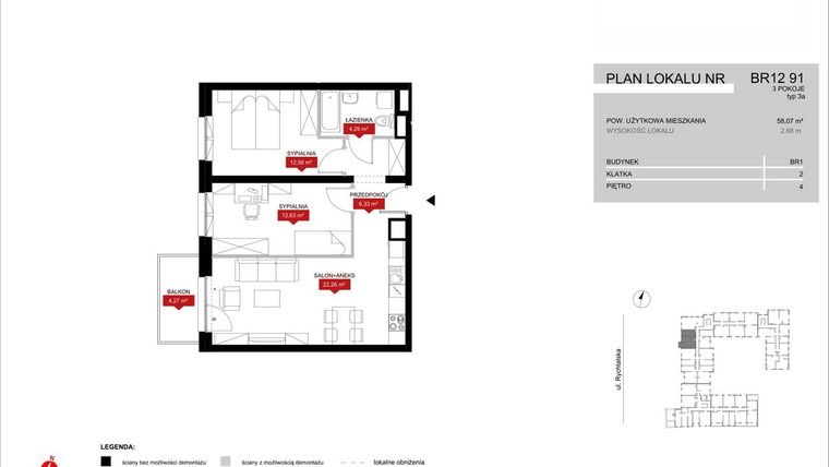 Rzut - Mieszkanie na sprzedaż 3 pokoje o powierzchni 58,07 m² - numer BR12/91 w Browary Wrocławskie 2