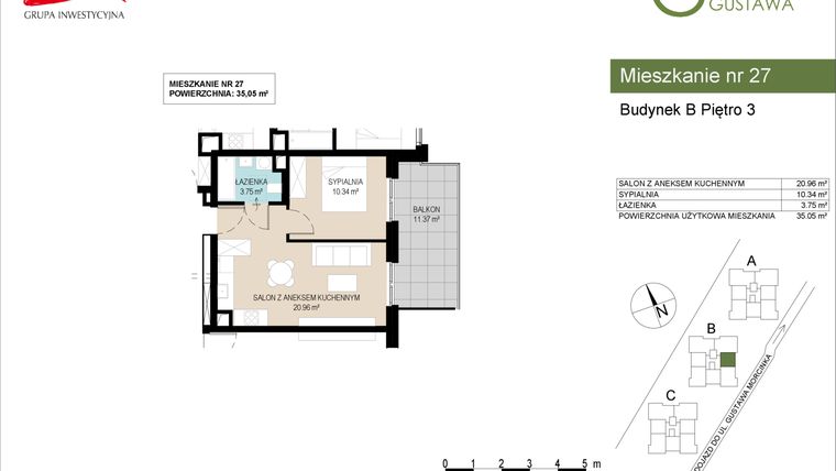 Rzut - Mieszkanie na sprzedaż 2 pokoje o powierzchni 35,05 m² - numer B27 w Wzgórze Gustawa
