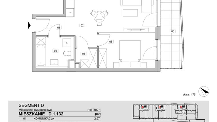 Rzut - Mieszkanie na sprzedaż 2 pokoje o powierzchni 41,84 m² - numer D.1.132 w ATAL Unii Lubelskiej