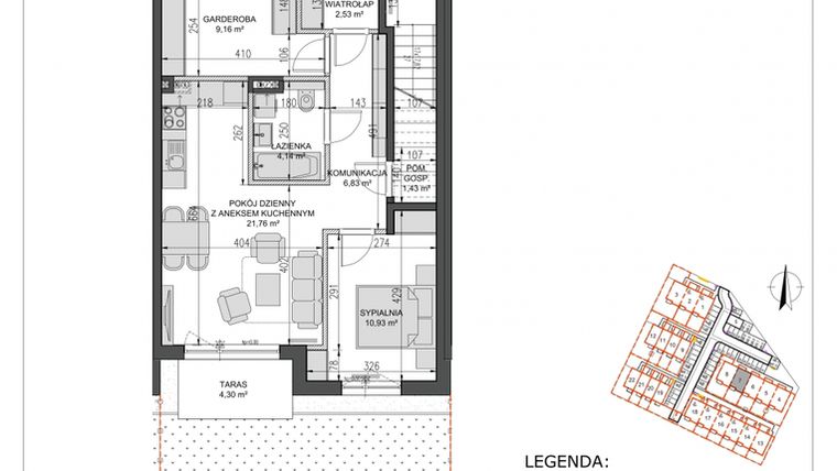 Rzut - Mieszkanie na sprzedaż 3 pokoje o powierzchni 56,78 m² - numer B7/1 w Osiedle Morelowe