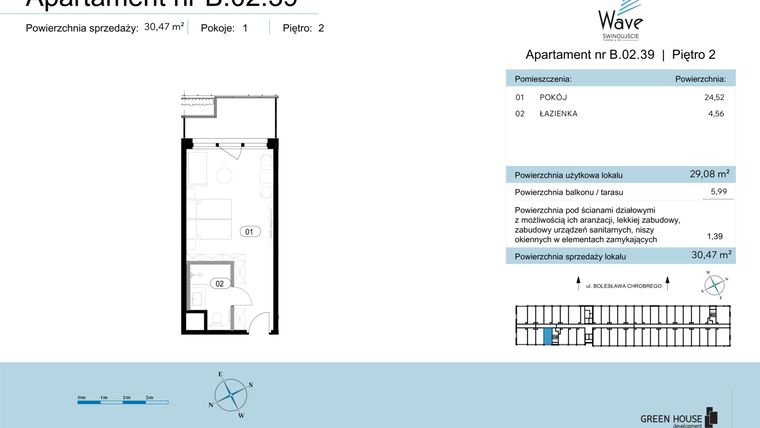 Rzut - Mieszkanie na sprzedaż 1 pokój o powierzchni 30,47 m² - numer B.02.39 w Wave Świnoujście Thermal & Spa
