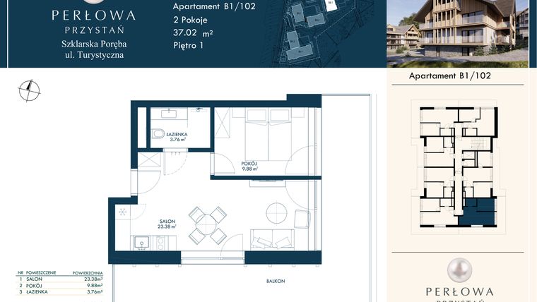 Rzut - Mieszkanie na sprzedaż 2 pokoje o powierzchni 37,02 m² - numer B1/102 w Perłowa Przystań - Szklarska Poręba