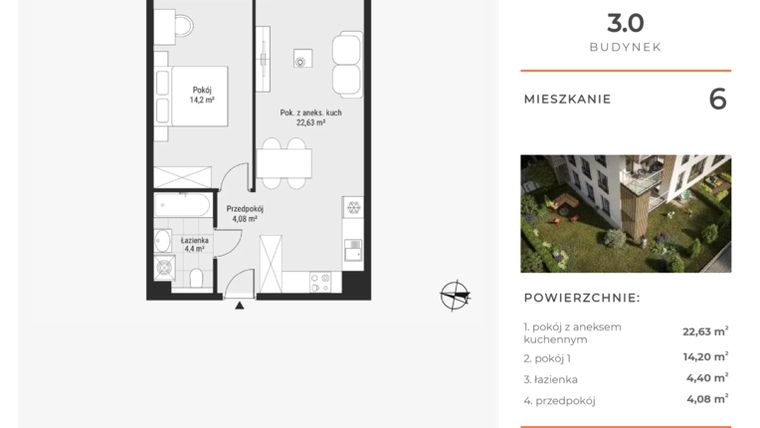 Rzut - Mieszkanie na sprzedaż 2 pokoje o powierzchni 45,31 m² - numer 6 w Bytkowska 3.0