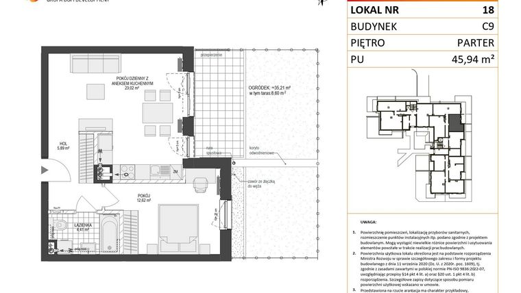 Rzut - Mieszkanie na sprzedaż 2 pokoje o powierzchni 45,94 m² - numer C9.18 w Konstelacja etap V