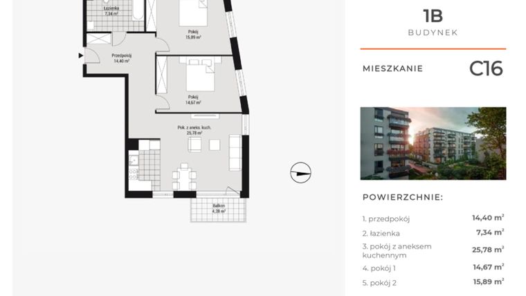 Rzut - Mieszkanie na sprzedaż 3 pokoje o powierzchni 78,26 m² - numer C16 w Na Koszutce