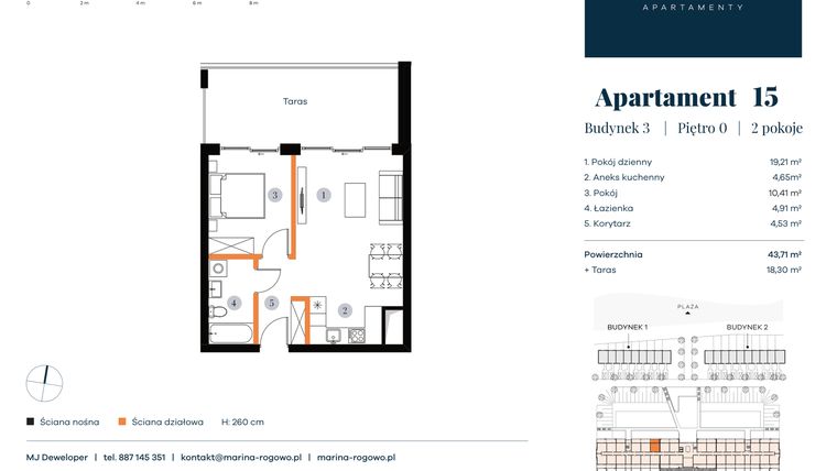 Rzut - Mieszkanie na sprzedaż 2 pokoje o powierzchni 43,71 m² - numer 15 w Apartamenty Marina Rogowo