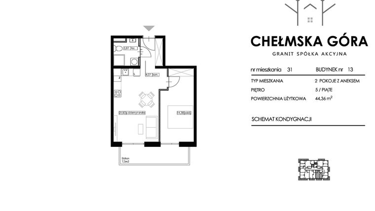Rzut - Mieszkanie na sprzedaż 2 pokoje o powierzchni 44,36 m² - numer 13-M31 w Chełmska Góra etap II