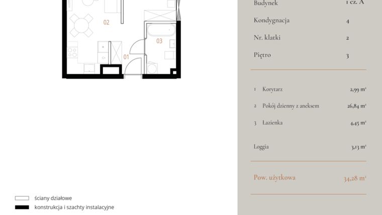 Rzut - Mieszkanie na sprzedaż 1 pokój o powierzchni 34,28 m² - numer M064 w MURANO