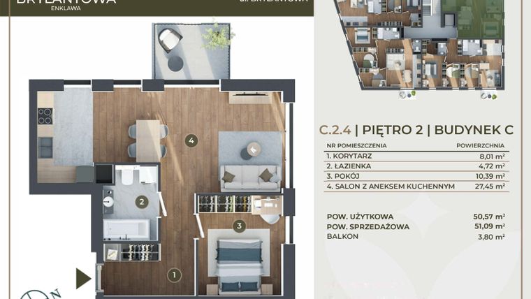 Rzut - Mieszkanie na sprzedaż 2 pokoje o powierzchni 50,57 m² - numer C.2.4 w Brylantowa Enklawa bud. C