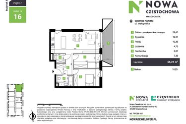 Rzut - Mieszkanie na sprzedaż 3 pokoje o powierzchni 66,21 m² - numer B16 w Nowa Częstochowa Małopolska