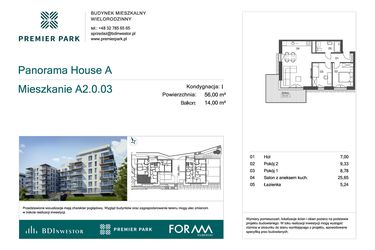 Rzut - Mieszkanie na sprzedaż 3 pokoje o powierzchni 56 m² - numer A2.0.03 w Premier Park II