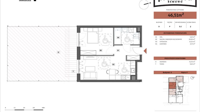 Rzut - Mieszkanie na sprzedaż 2 pokoje o powierzchni 46,51 m² - numer D.02 w Premiera Bemowo