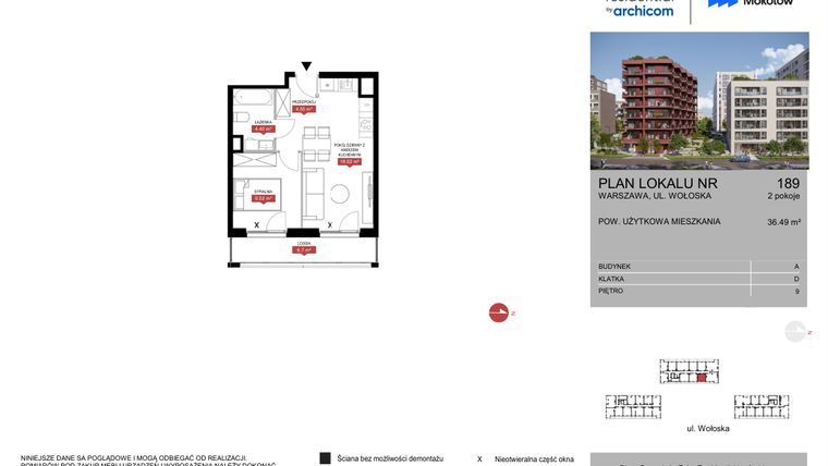 Rzut - Mieszkanie na sprzedaż 2 pokoje o powierzchni 36,49 m² - numer A.189 w Modern Mokotów etap 1 budynek A, B1 i B2