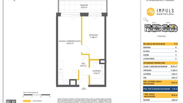 Rzut - Mieszkanie na sprzedaż 2 pokoje o powierzchni 39,03 m² - numer B/115 w Impuls Marywilska