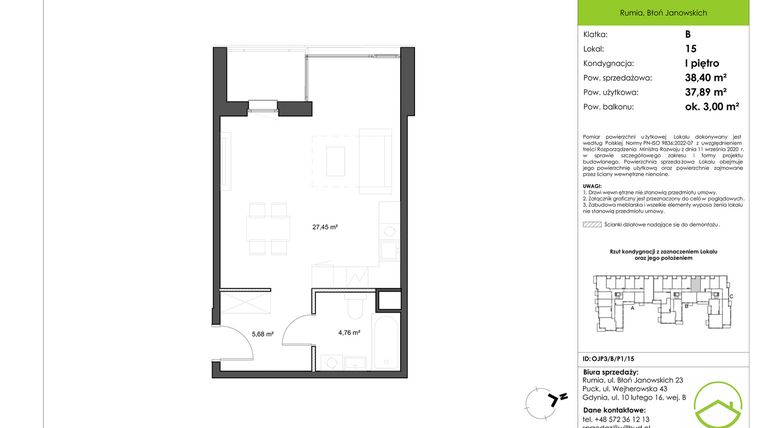 Rzut - Mieszkanie na sprzedaż 1 pokój o powierzchni 37,89 m² - numer OJP3/B/P1/15 w Osiedle Janowo Park III klatka B i C